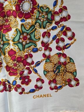 Vintage CHANEL Gold-Trim Floral Jewel Print Silk Scarf, White, Red, Green, Blue
